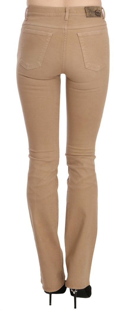 Brown Cotton Stretch Mid Waist Skinny Trousers Pants