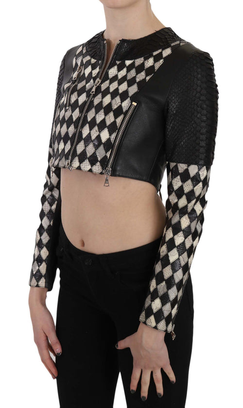 Black White Leather Short Cropped Biker Jacket Coat