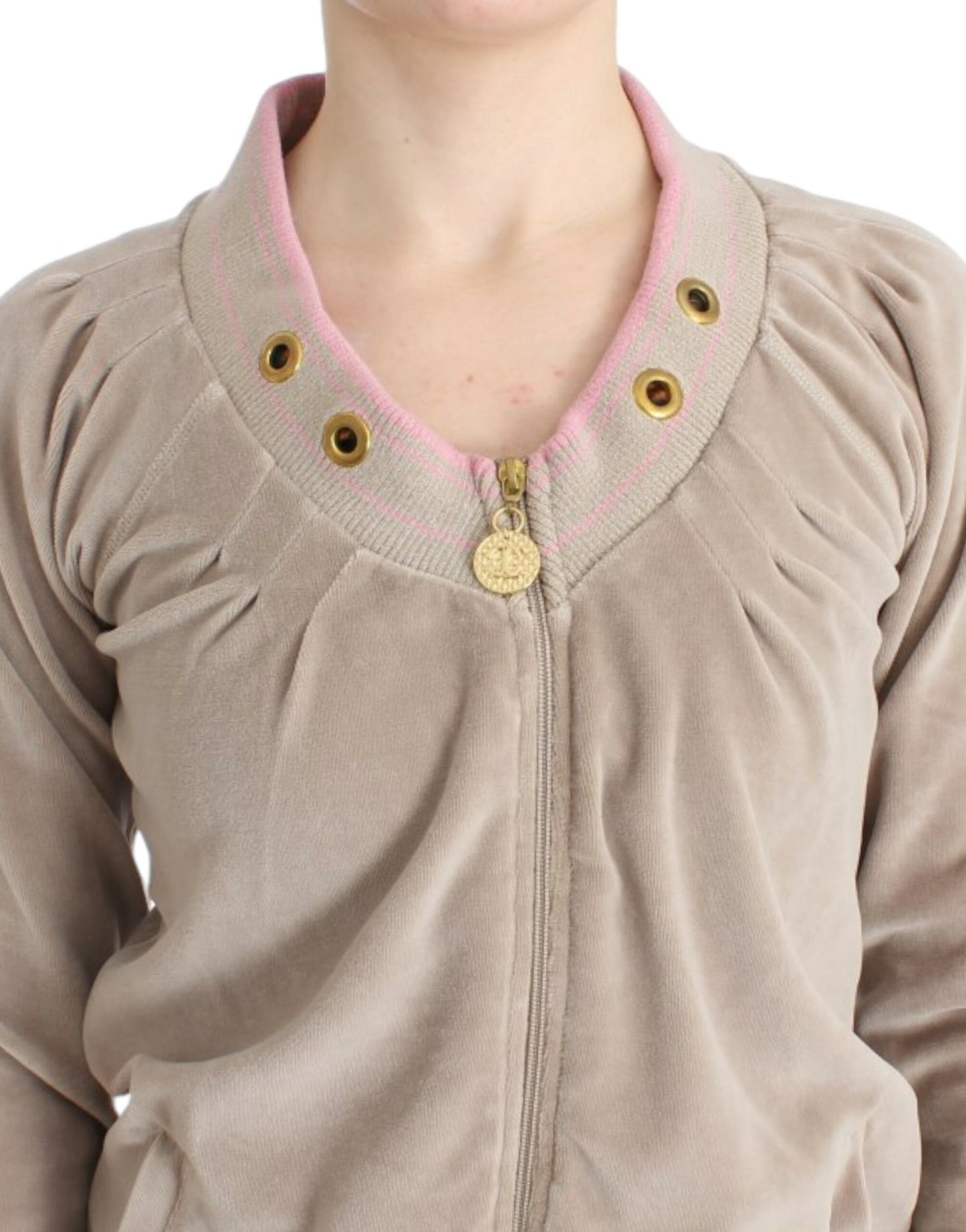Beige velvet zipup sweater