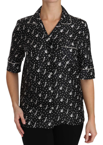 Black GuitarTrumpet Print Silk Shirt Top